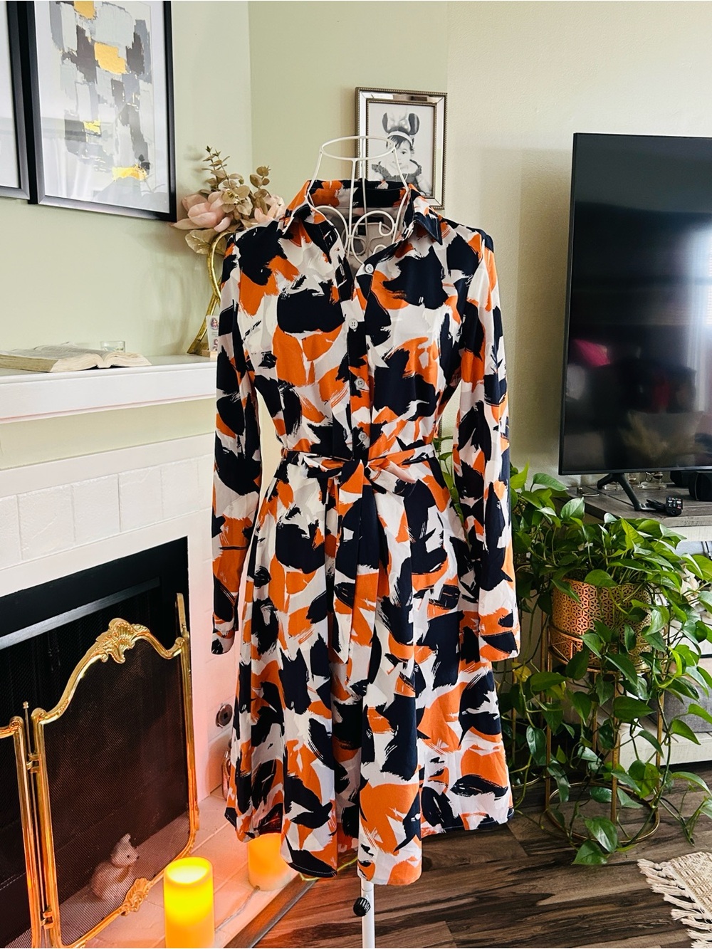 Banana Republic Abstract Brushstroke Shirt Dress in Orange, Navy & White
